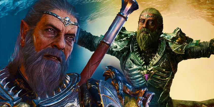 Ketheric Thorm from Baldur's Gate 3 looks angry on the left and, on the right, he is kneeled with his arms wide open looking distraught.