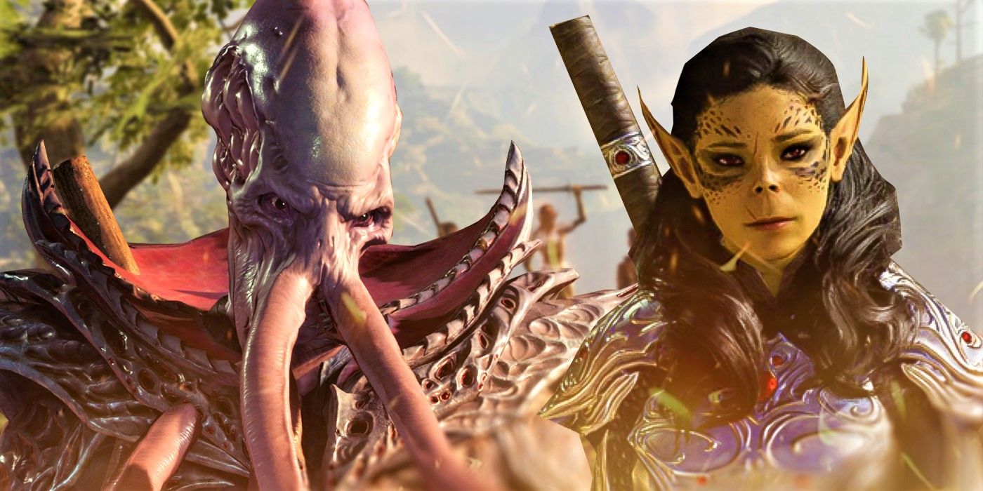 A screenshot from Baldur's Gate 3 shows a smiling githyanki and a glowering Illithid.