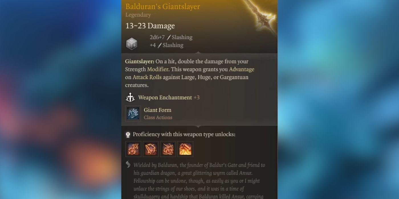 The inspect menu for Balduran's Giantslayer in Baldur's Gate 3, displaying its stats.