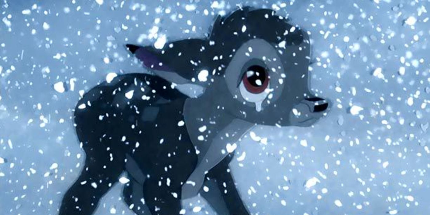 Bambi crying as snow falls around him.