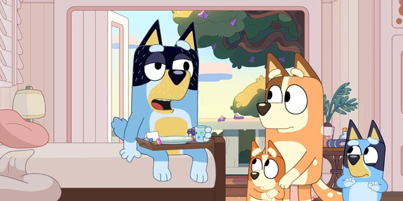 Bandit eats breakfast in bed in Bluey