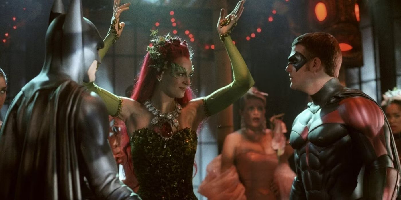 George Clooney as Batman, Uma Thurman as Poison Ivy, and Chris O'Donnell as Robin in Batman & Robin (1997)