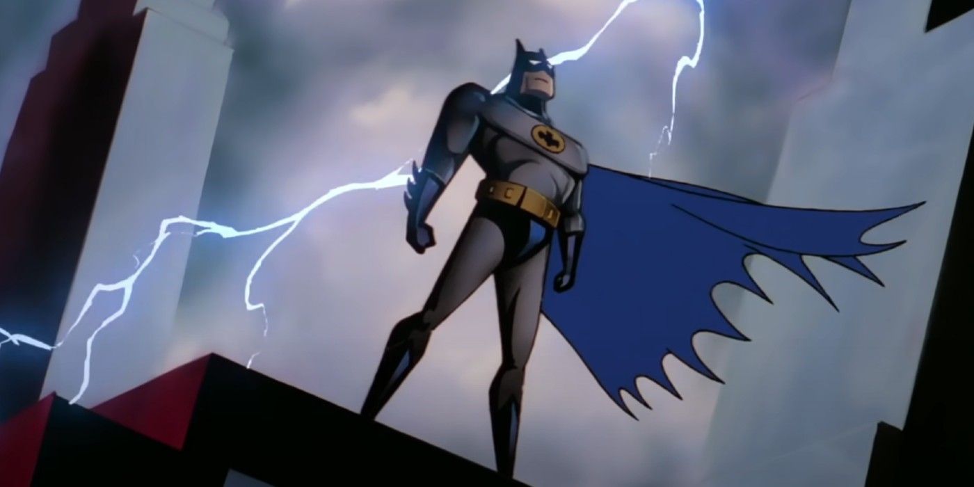 Batman in the Batman The Animated Series opening with Batman standing in a rooftop as lightning strikes