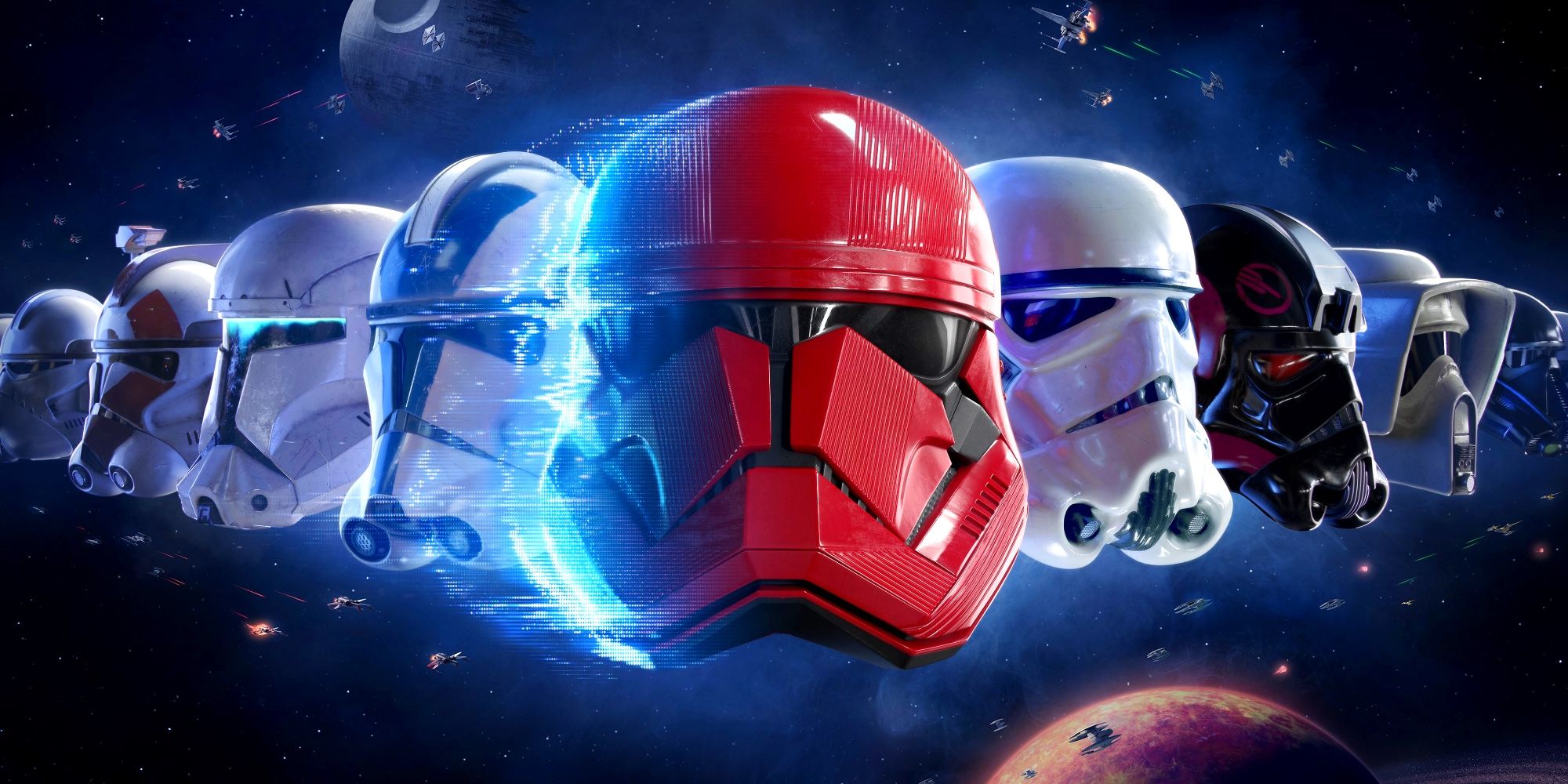 Arte promocional do Star Wars Battlefront 2 de 2017, mostrando uma série de capacetes de stormtrooper lado a lado.  À esquerda, eles são os designs de quando eram soldados clones da República, e lentamente fazem a transição para variantes de stormtroopers imperiais à direita;  um capacete vermelho brilhante está bem no centro.  Uma variedade de batalhas espaciais estão acontecendo em segundo plano.