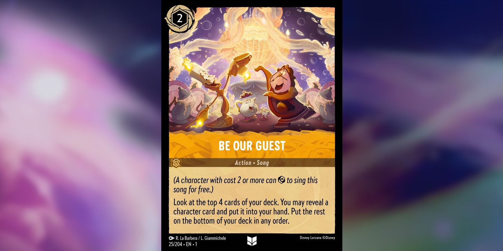 Be Our Guest Lorcana song card showing Lumiere and Cogsworth.