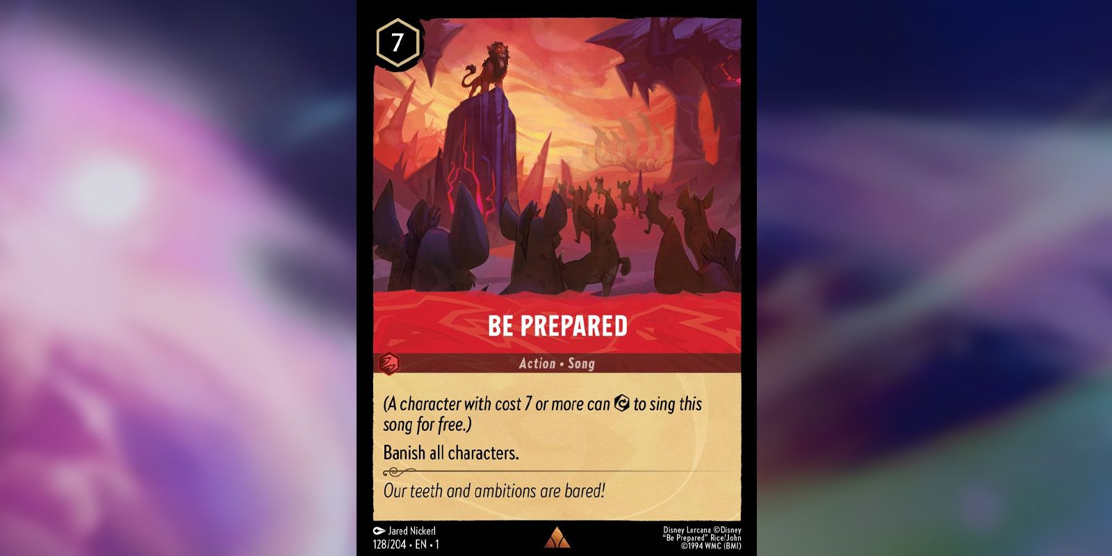 Be Prepared Lorcana song card showing Scar above his army of hyenas.