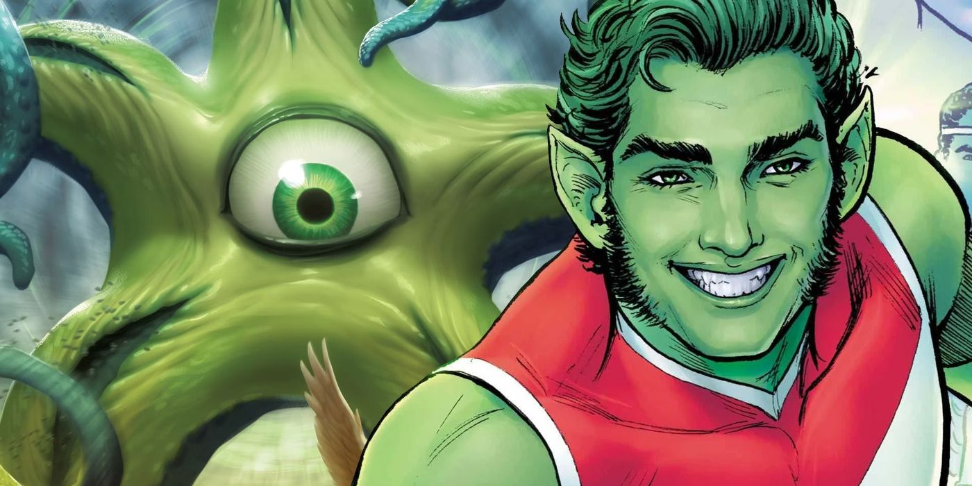 Beast Boy in the foreground with Starro in the background
