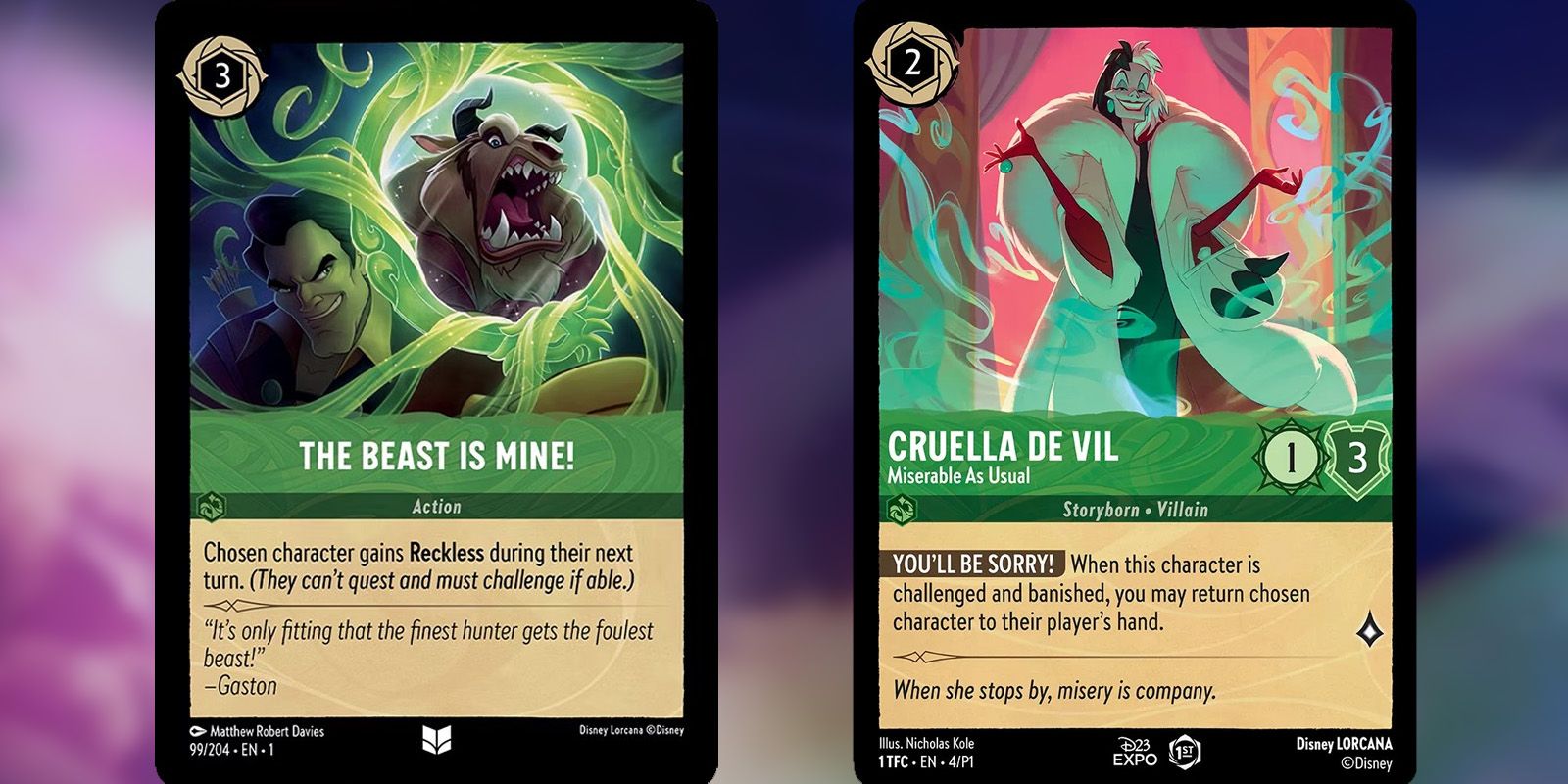 The Beast Is Mine and Cruella de Vil Lorcana Cards side-by-side.