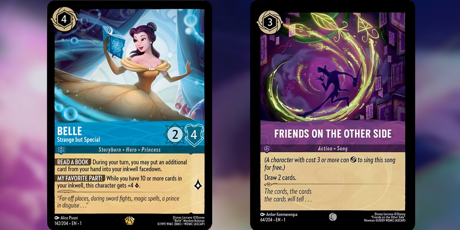 Belle Strange But Special and Friends on the Other Side Lorcana cards side-by-side.