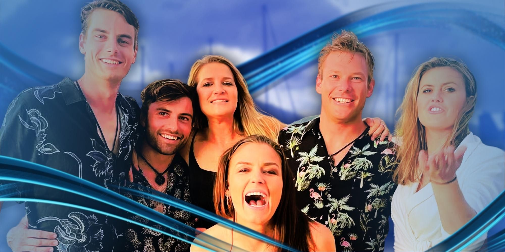 Below Deck Down Under Season 2 cast smiling in front of boats 