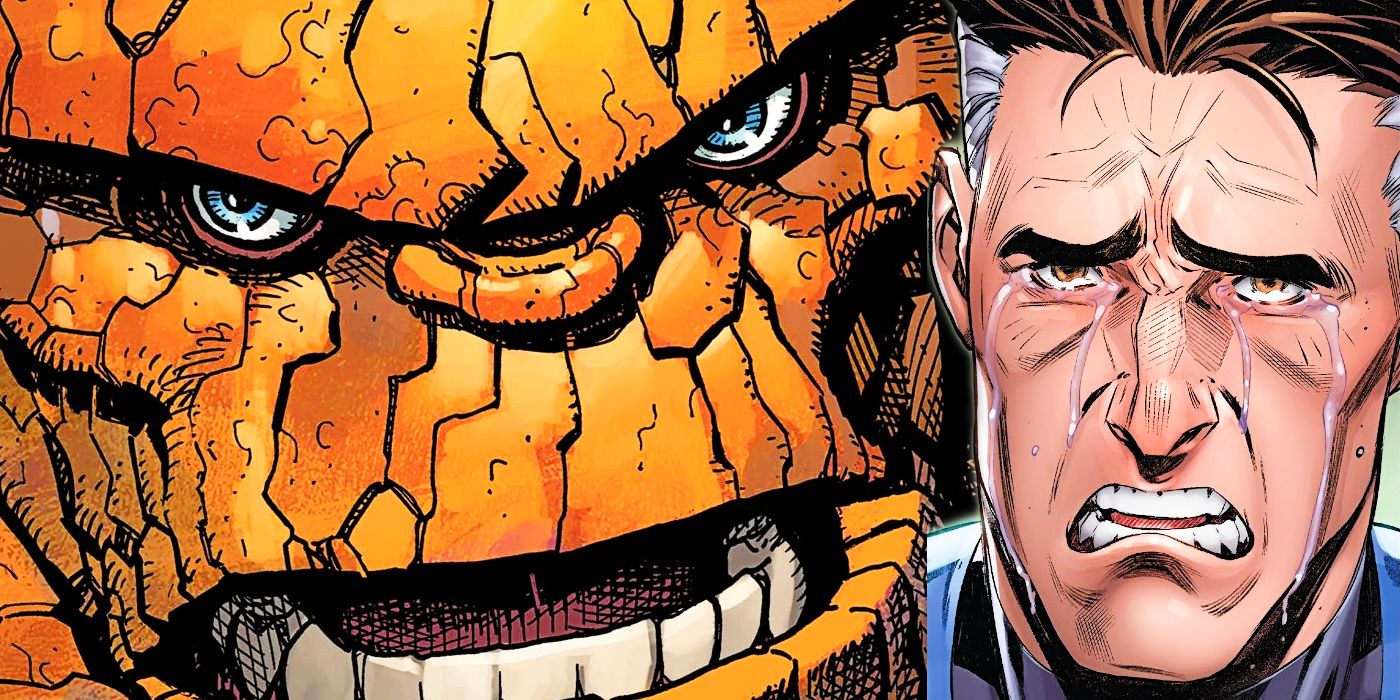 A close-up on Ben Grimm&rsquo;s face; on the right, a blubbering Reed Richards.