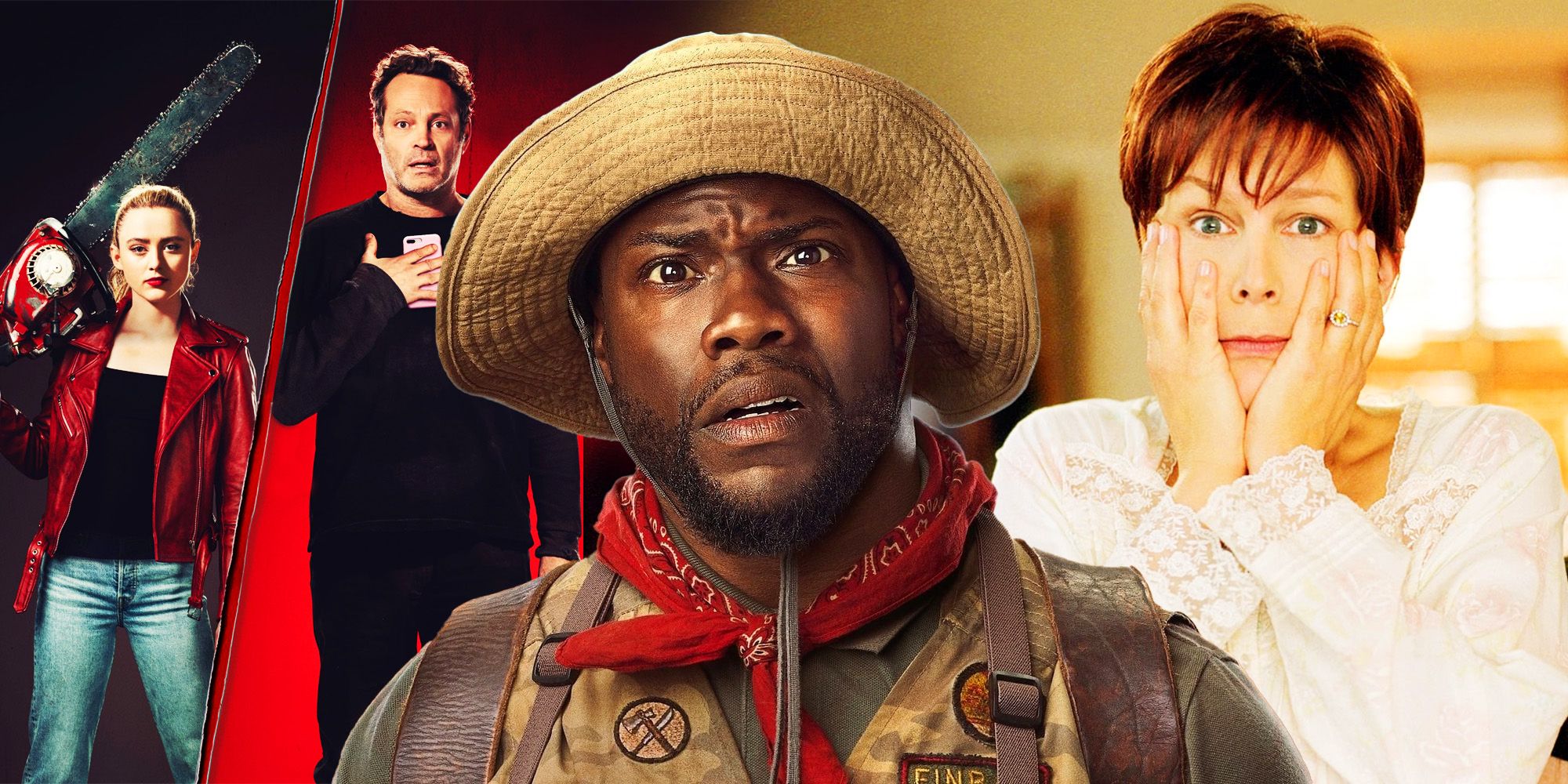 A composite image features characters from Freaky, Jumanji and Freaky Friday