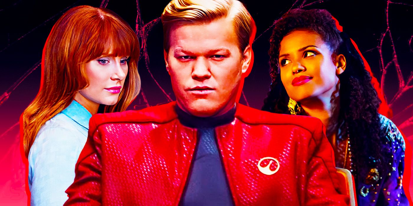 A composite image of Jesse Plemons looking stoic in front for Bryce Dallas Howard and Gugu Mbatha Raw in Black Mirror