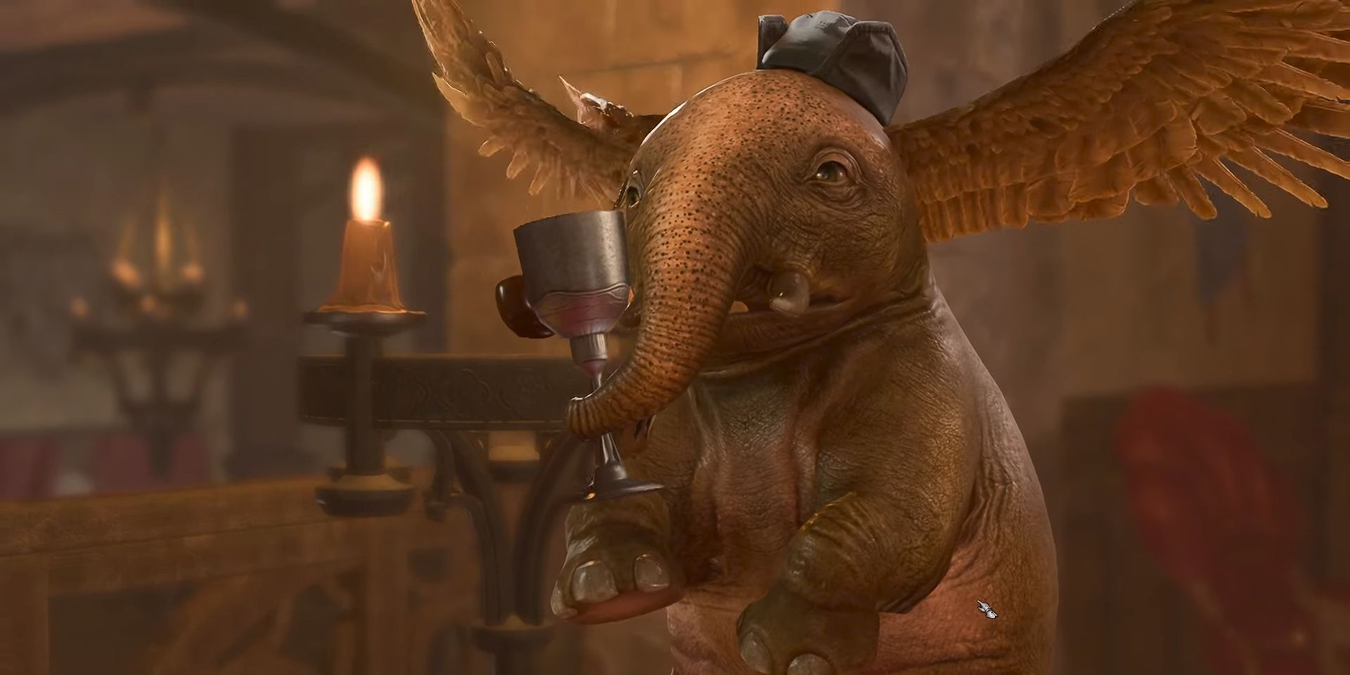 Valeria, a hollyphant (a flying elephant-like creature) in Baldur&rsquo;s Gate 3, clutches a metal goblet.
