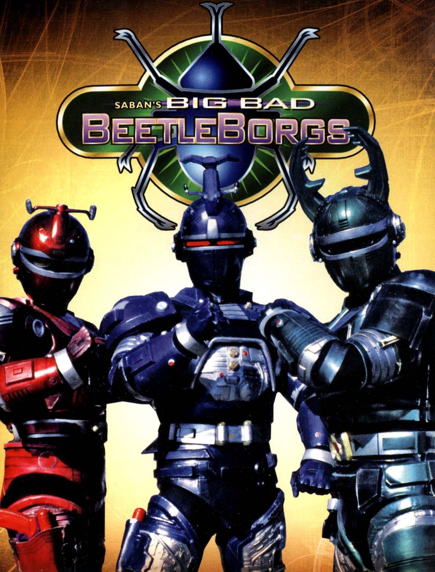 The cover to Saban's 1996 Big Bad Beetleborgs, Season 1, with a Red Borg, Blue Borg, and Green Borg.