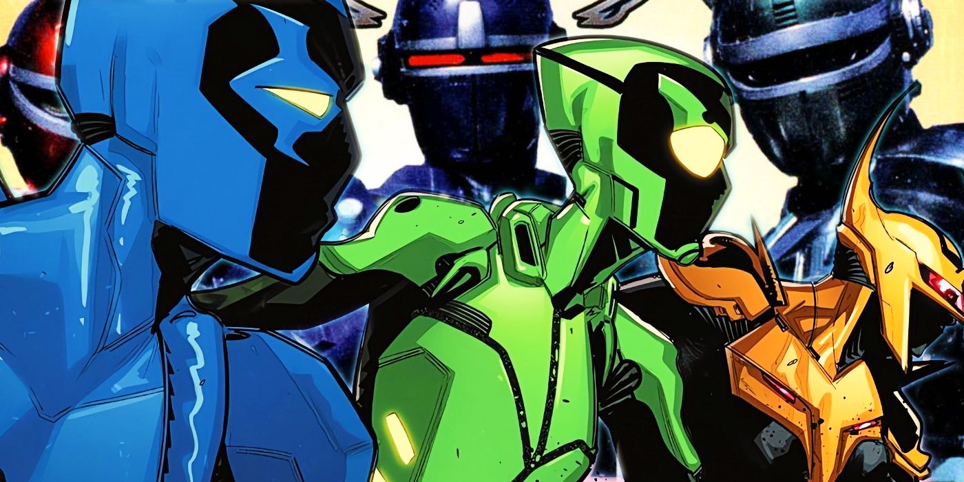 Blue Beetle, Nitida, and Dynastes imposed over a background of the Big Bad Beetleborgs.