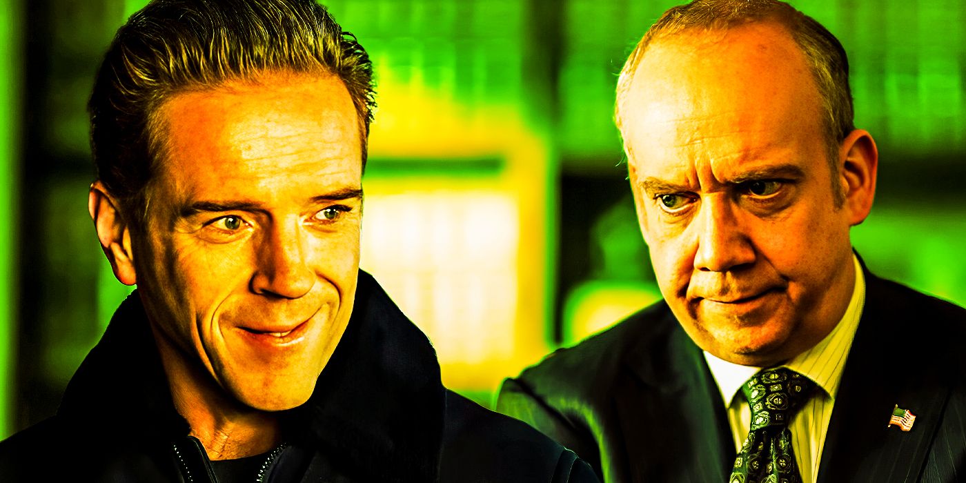 Characters from season 7 of Billions are in front of a green background.