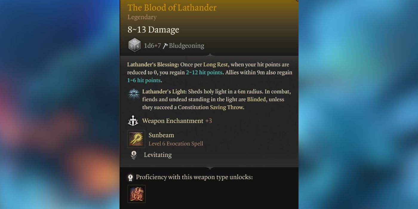 The inspect menu for The Blood Of Lathander in Baldur's Gate 3. 