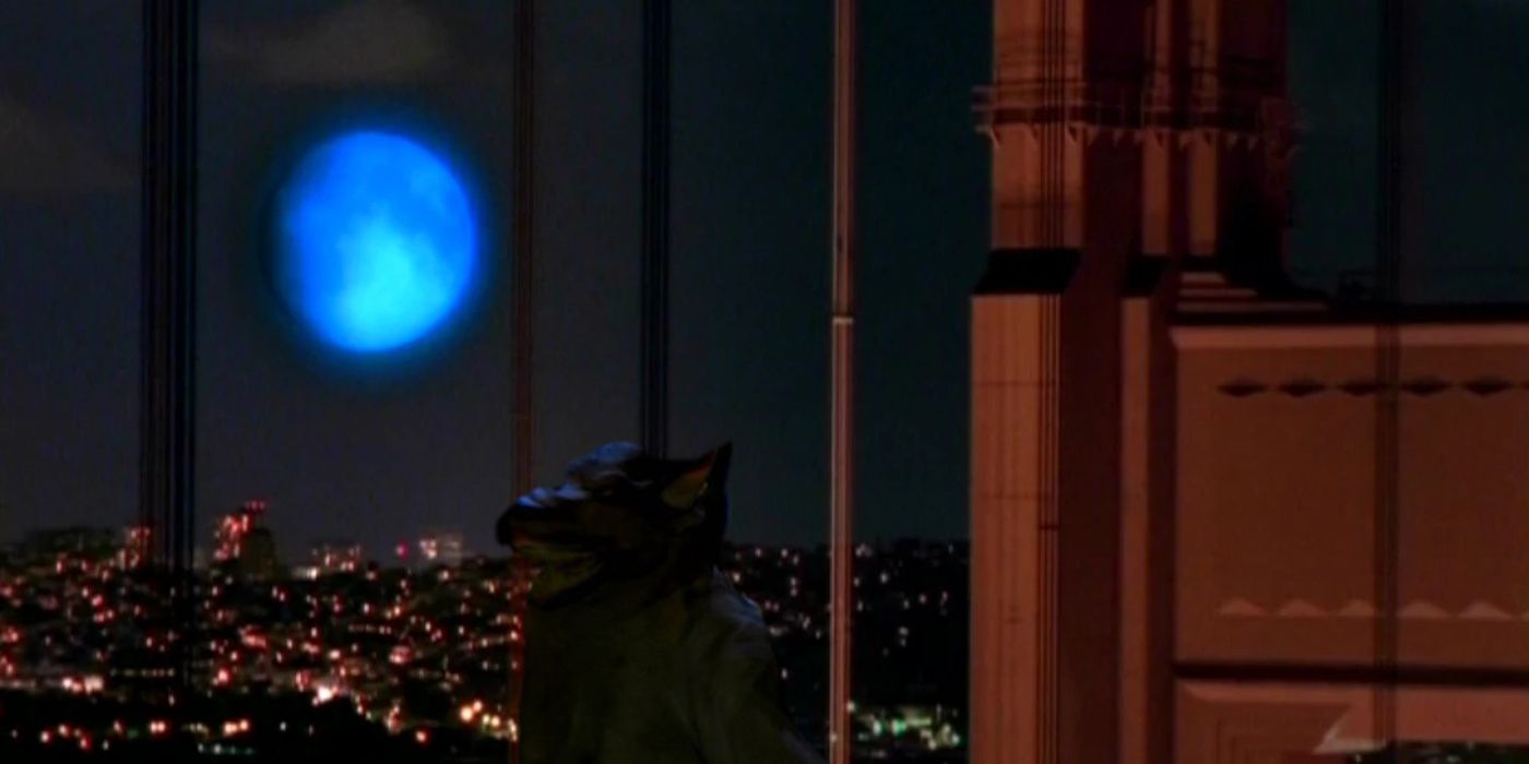 A Blue Moon Beast looks out the window at a blue moon.