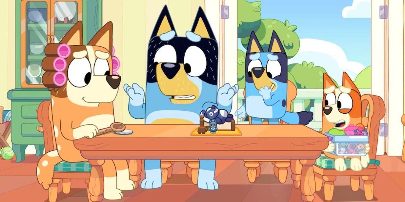 Bluey's family is sitting around the table. 