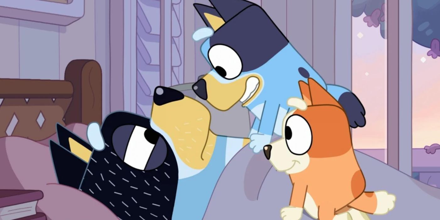 Bluey and Bingo climb on a sleeping Bandit