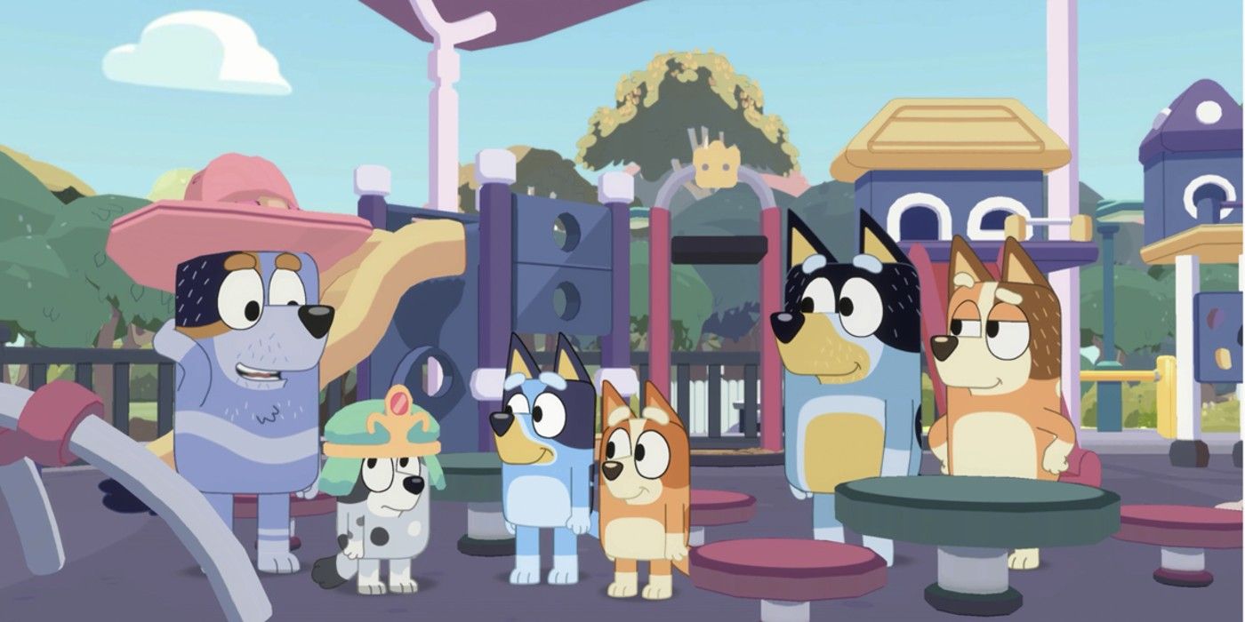 Bluey game characters showing the Heeler family chatting with Muffin and her dad on the playground.