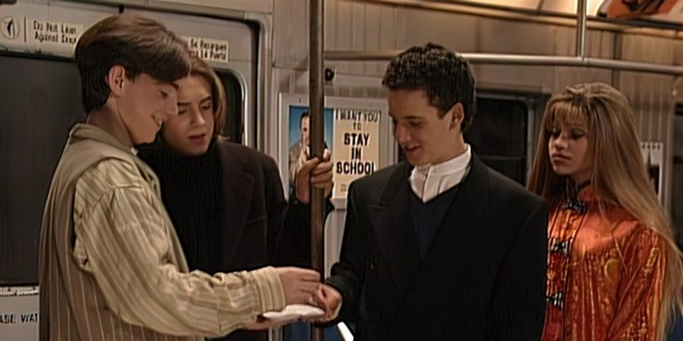 Cory, Topanga, Shawn, and Eric on the train in Boy Meets World