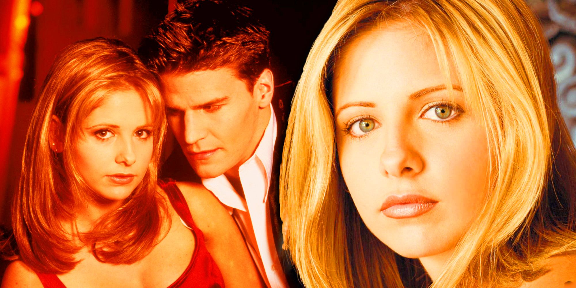 Sarah Michelle Gellar as Buffy and David Boreanaz as Angel in Buffy the Vampire Slayer.
