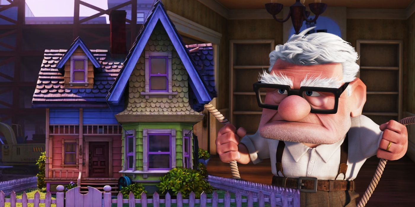 Carl manoeuvres his balloon house; house surrounded by construction; Disney Pixar