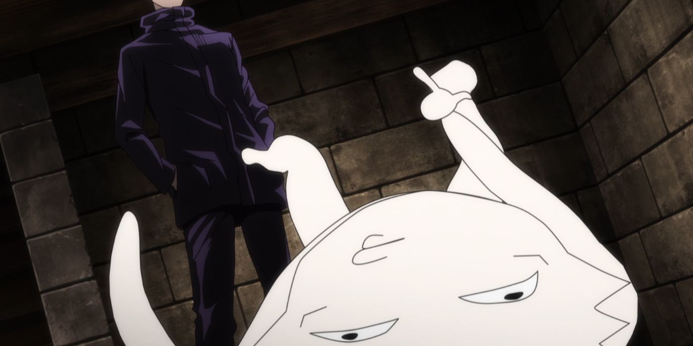 Itadori collapsing into a cartoonish pile on the ground while talking with Gojo.