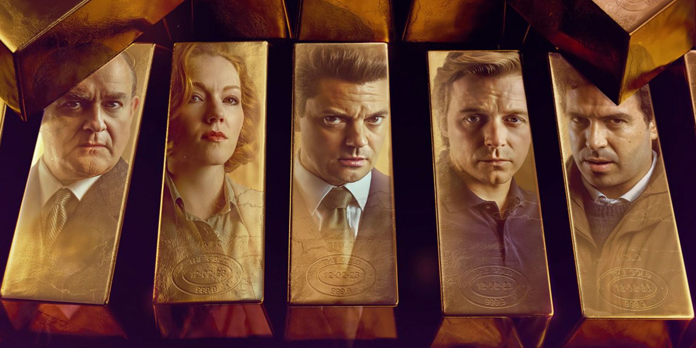 Character faces on gold bars for the limited BBC series Gold