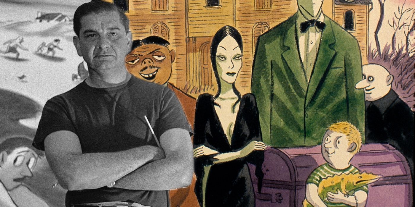 A composite image of Charles Addams and his Addams Family drawings