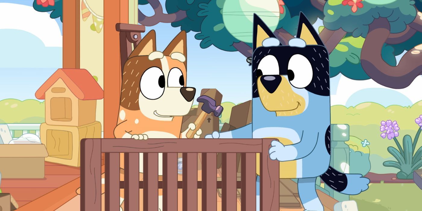 Chilli and Bandit build furniture in Bluey episode Flat Pack