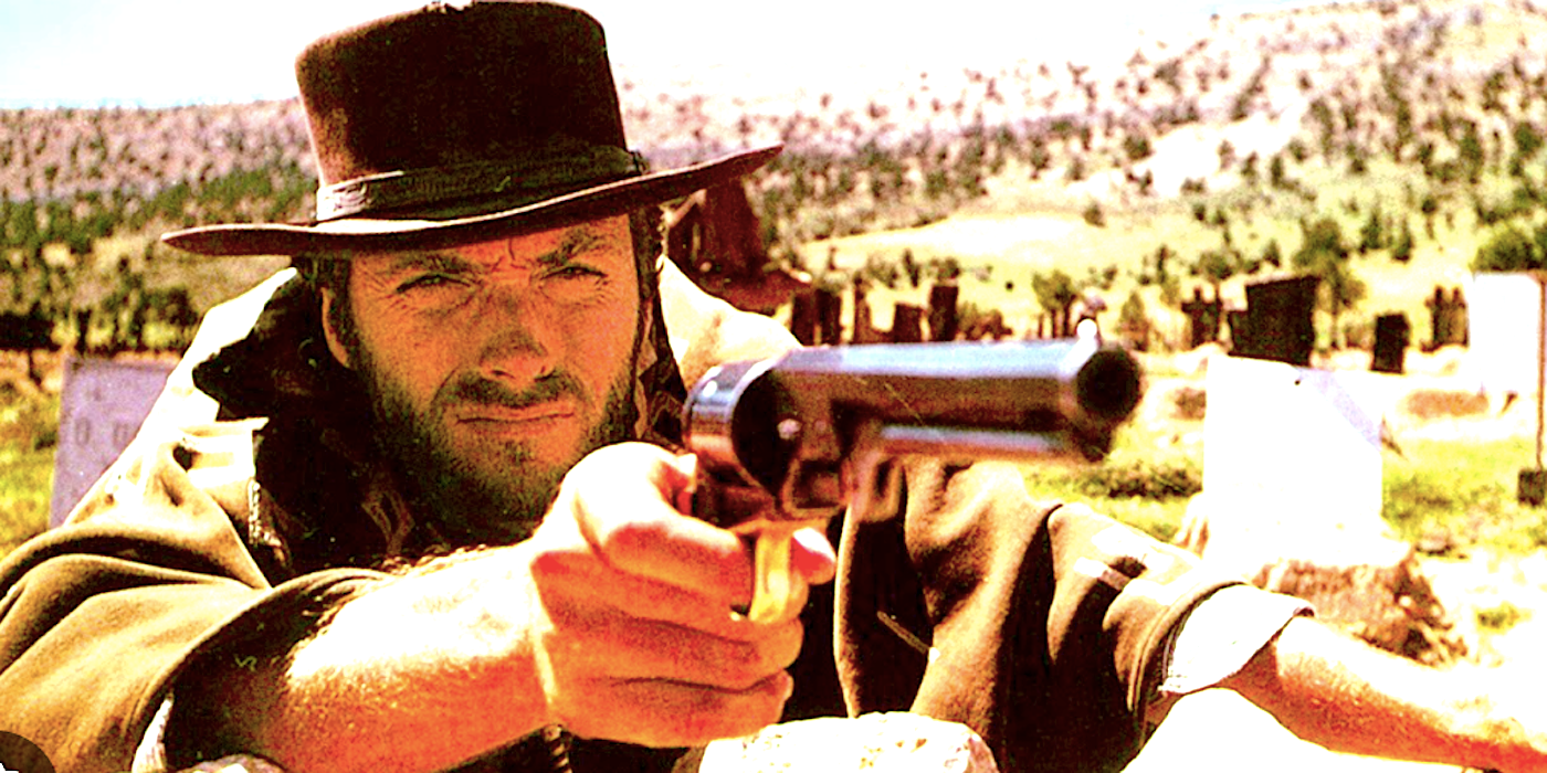 Clint Eastwood aims a gun in The Good The Bad and The Ugly