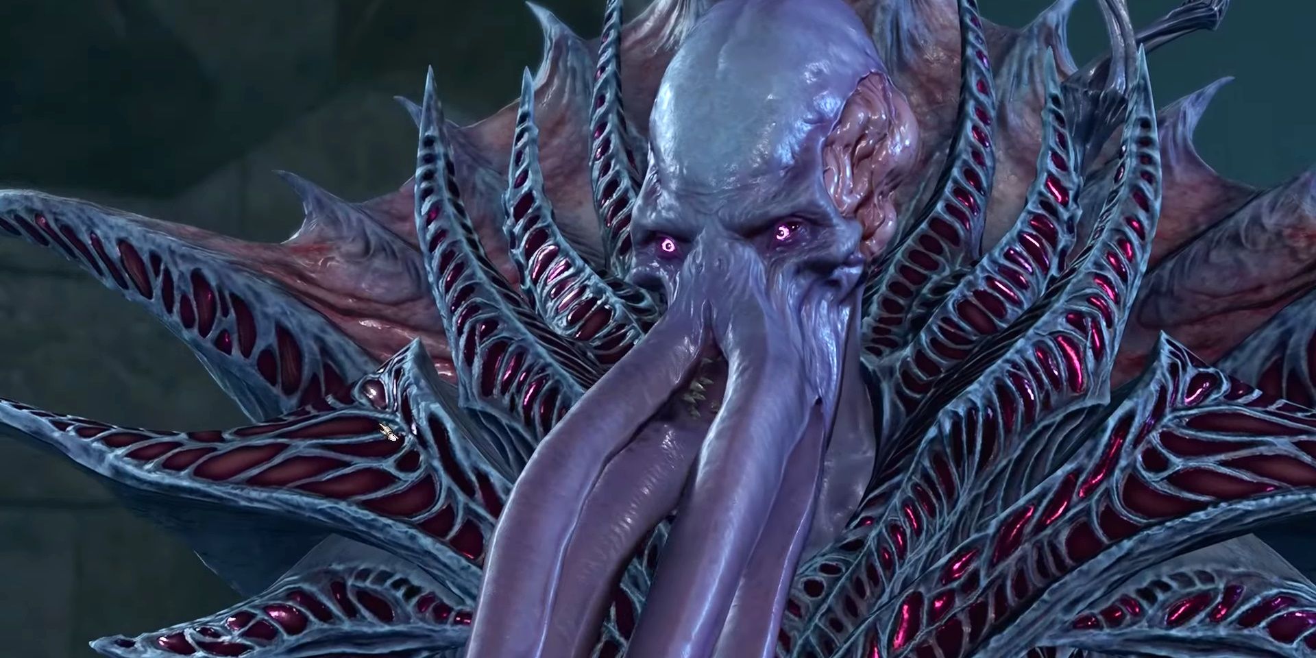 Close up of the mind flayer called The Emperor in Baldur's Gate 3