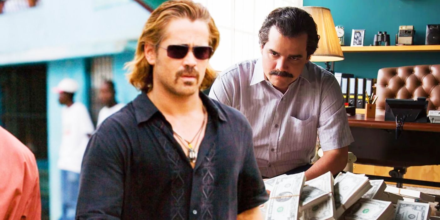 Custom image of Colin Farrell in Miami Vice and Wagner Moura as Pablo Escobar in Narcos.