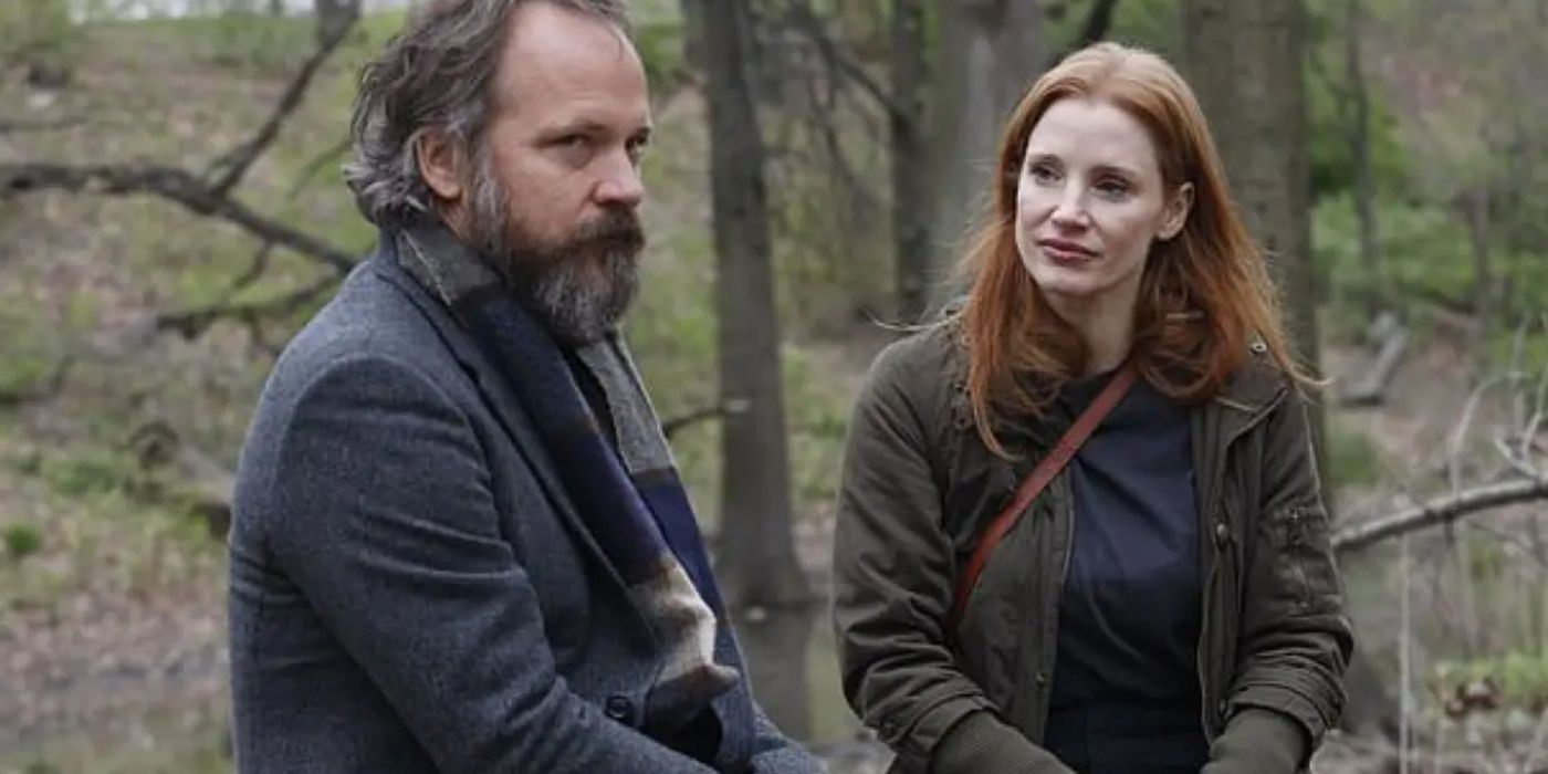 Jessica Chastain and Peter Sarsgaard in the woods in Memory