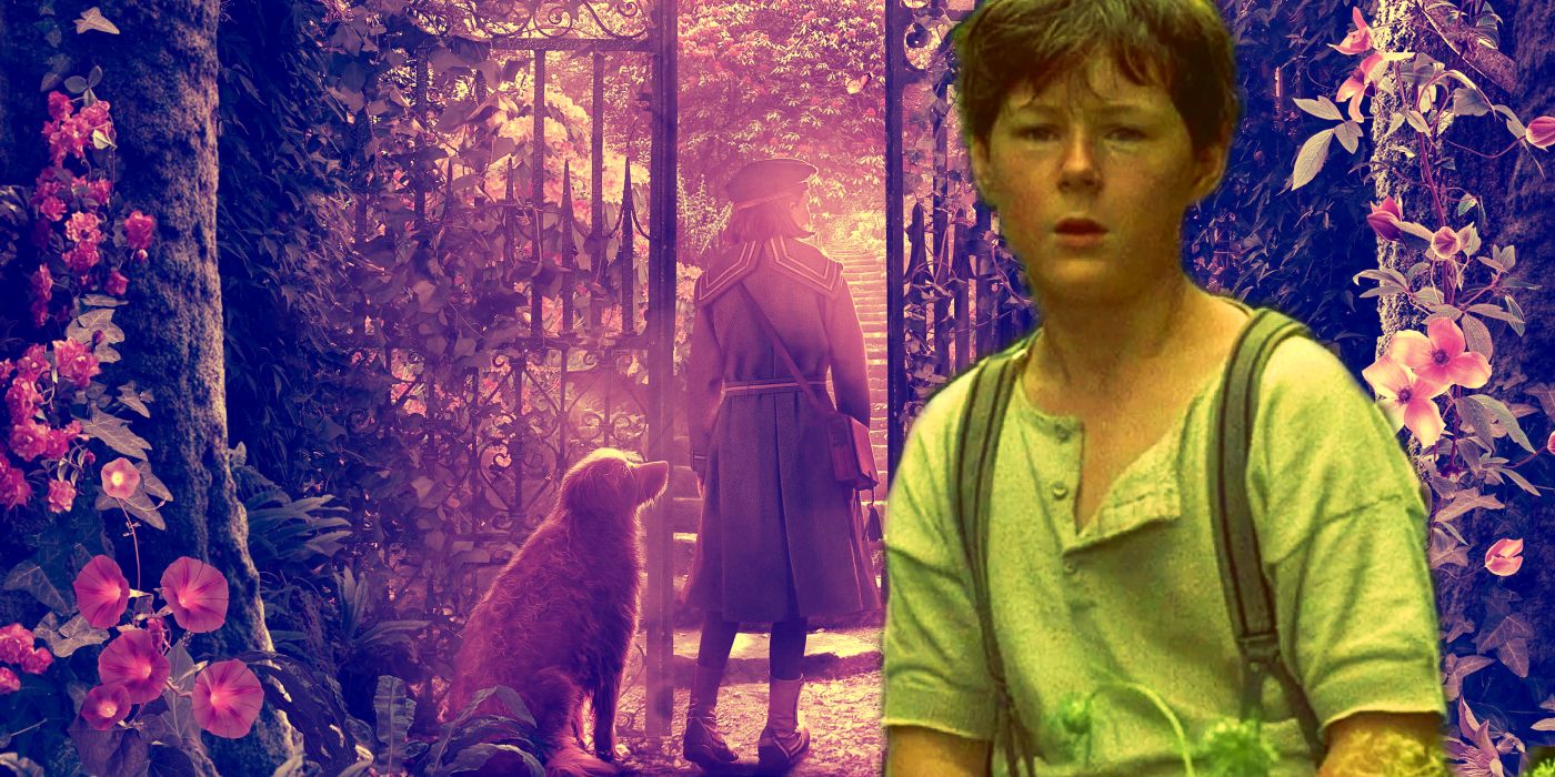 Collage of Dickon in front of the secret garden.