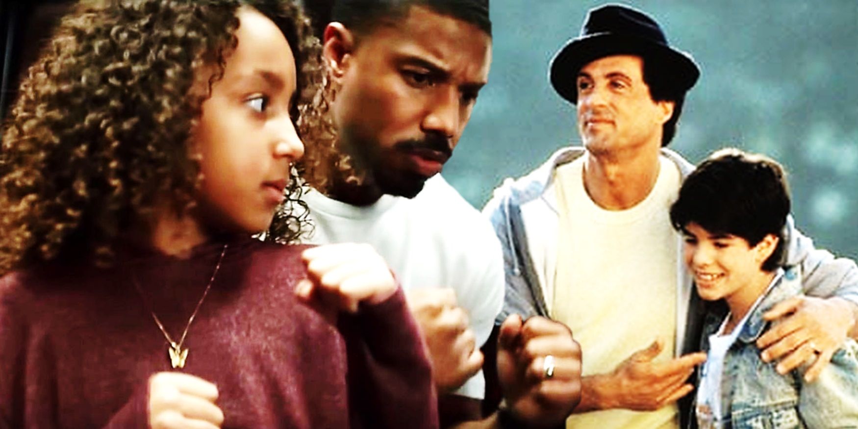 Collage of Donnie Creed with his daughter Amara and Rocky Balboa with his son Rocky Jr