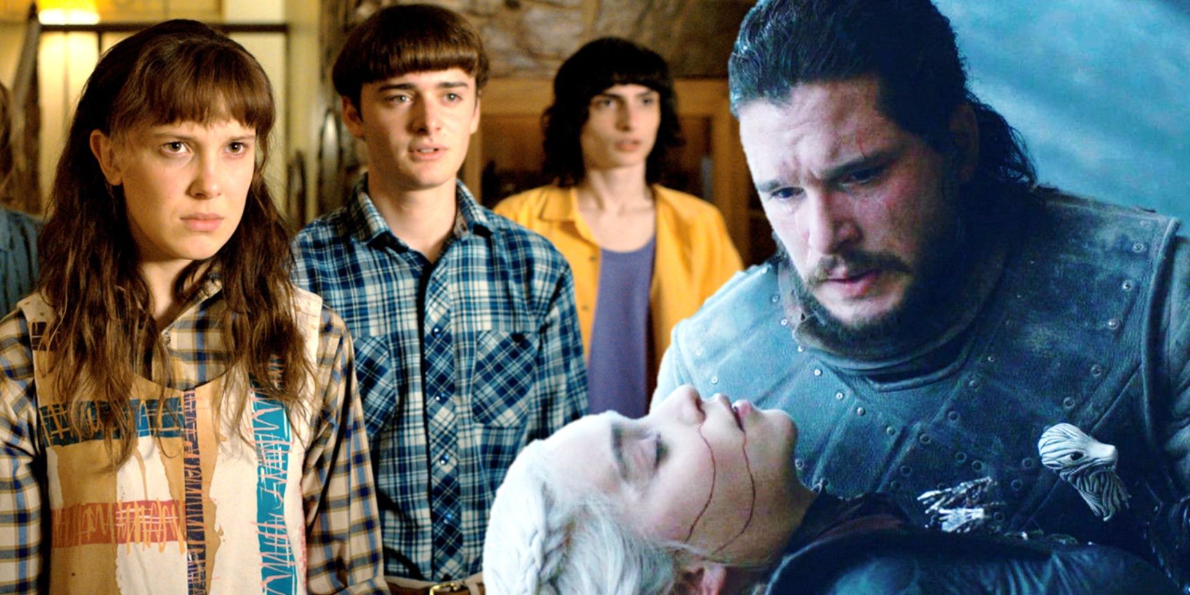 Collage of Eleven, Will, and Mike in Stranger Things and Jon Snow and Daenerys in Game of Thrones
