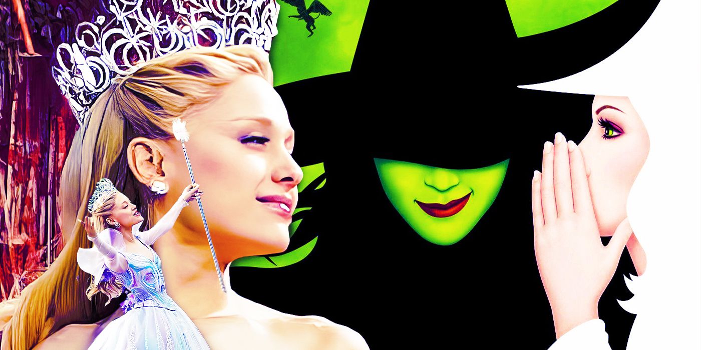 Collage de imágenes de la película Wicked con Ariana Grande y cartel de Broadway Wicked