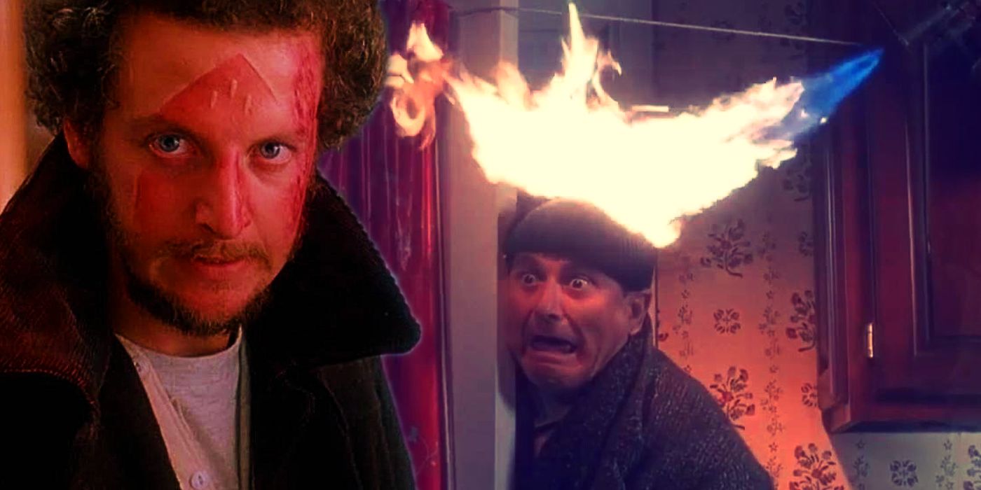Collage of Marv with an iron imprint on his face and Harry's head being burnt by a blowtorch in Home Alone.