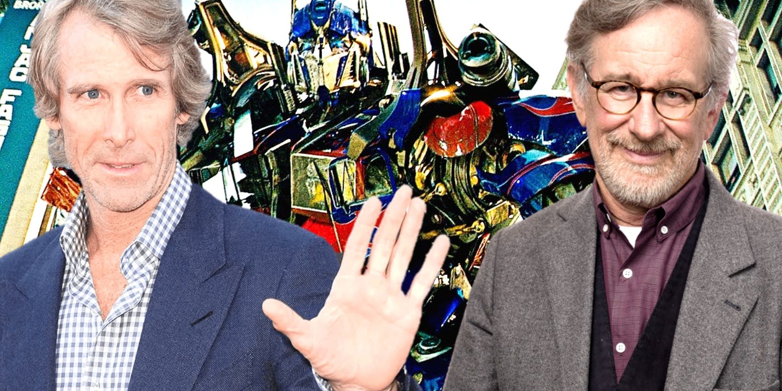 Collage of Michael Bay, Optimus Prime, and Steven Spielberg
