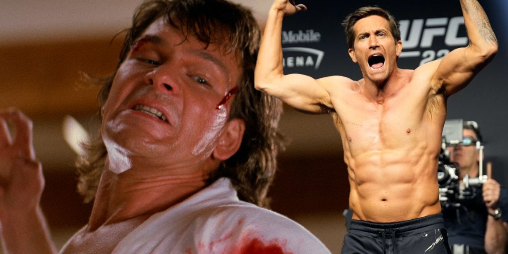 Collage of Patrick Swayze in Road House and Jake Gyllenhaal in the Road House remake
