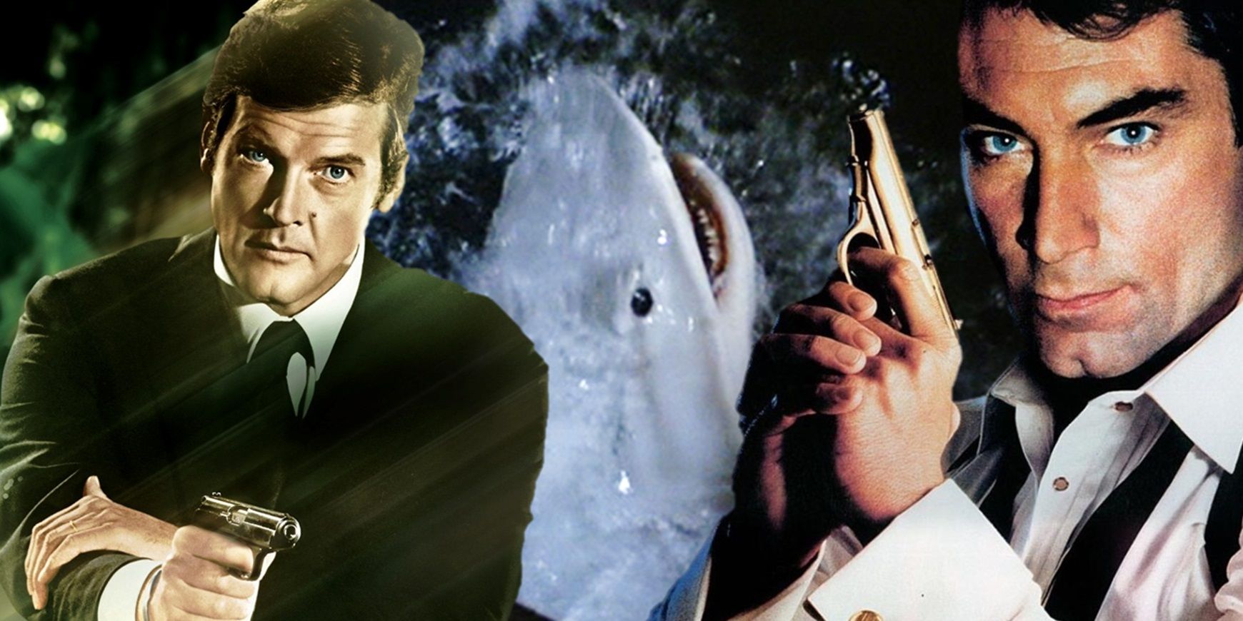 Collage of Roger Moore as Bond, a shark in Licence to Kill, and Timothy Dalton as Bond