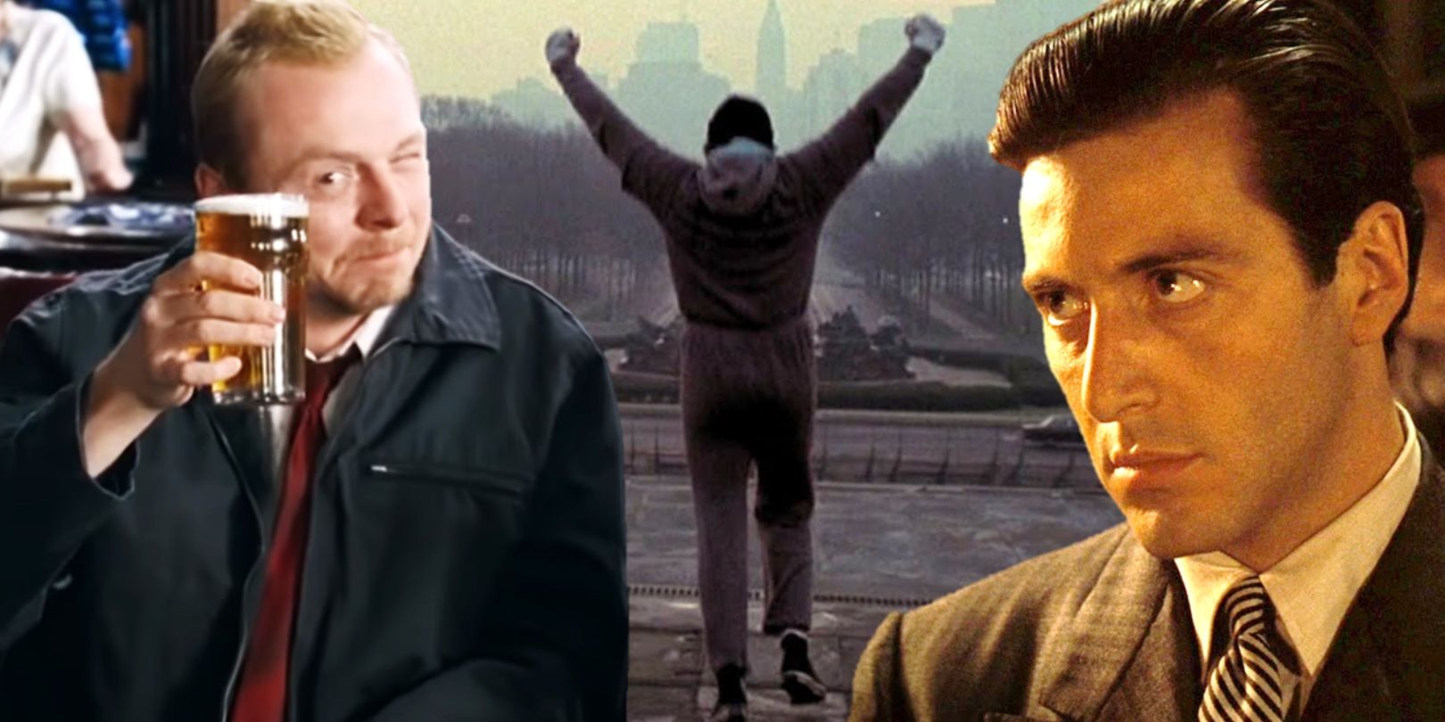 Collage of Simon Pegg in Shaun of the Dead, Sylvester Stallone in Rocky, and Al Pacino in The Godfather