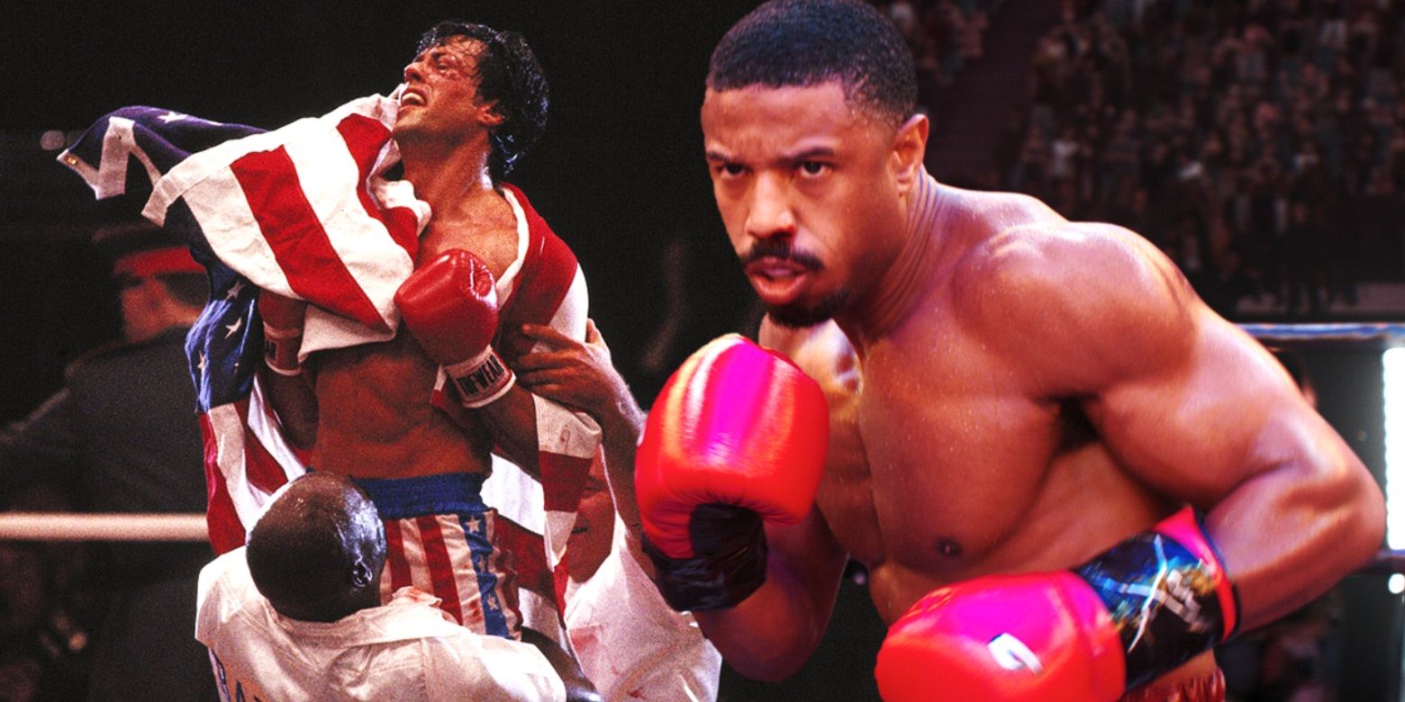 Collage of Sylvester Stallone in Rocky IV and Michael B Jordan in Creed III