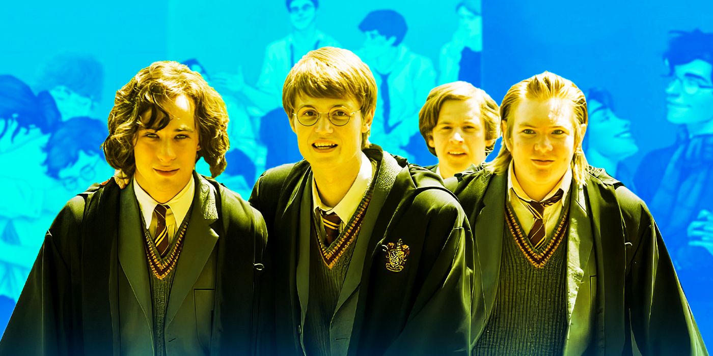 Collage of the Marauders in Harry Potter on top of All the Young Dudes book images