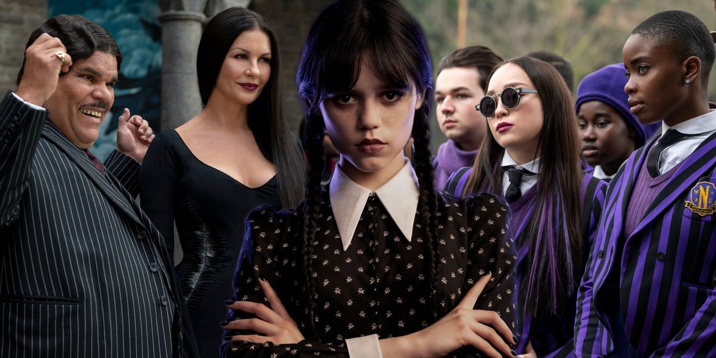 Collage of Wednesday, Morticia and Gomez and her classmates in Wednesday.