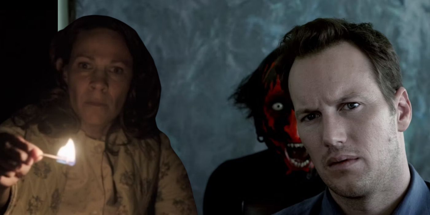 Collage of Carolyn in the Conjuring and the red-faced Demon behind Josh in Insidious